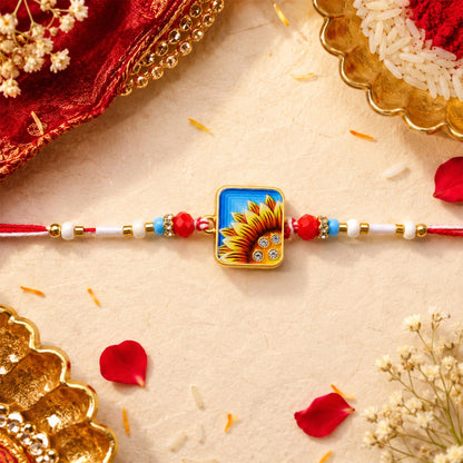 Square Sunflower Beads Rakhi for Brother Bhai Raksha Bandhan Festival Special Gift
