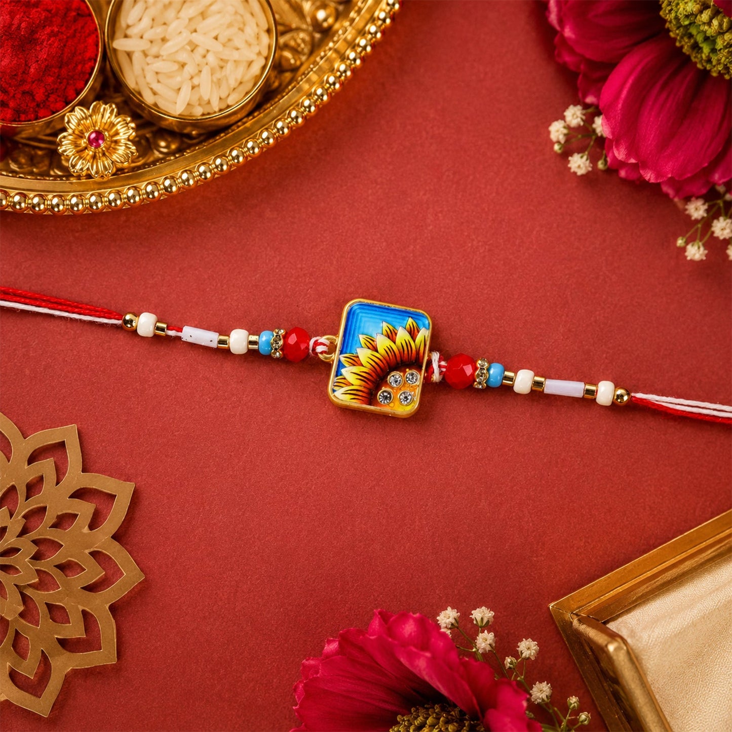 Square Sunflower Beads Rakhi for Brother Bhai Raksha Bandhan Festival Special Gift