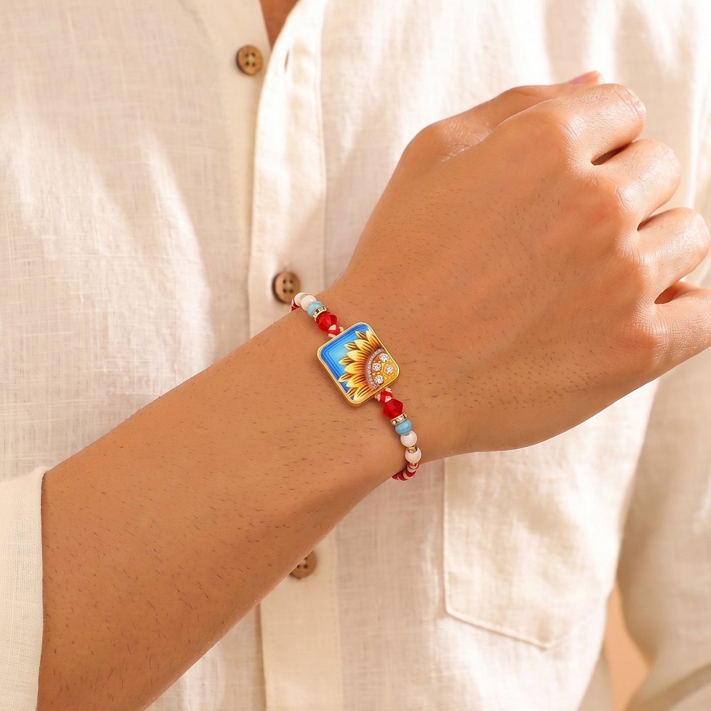 Square Sunflower Beads Rakhi for Brother Bhai Raksha Bandhan Festival Special Gift