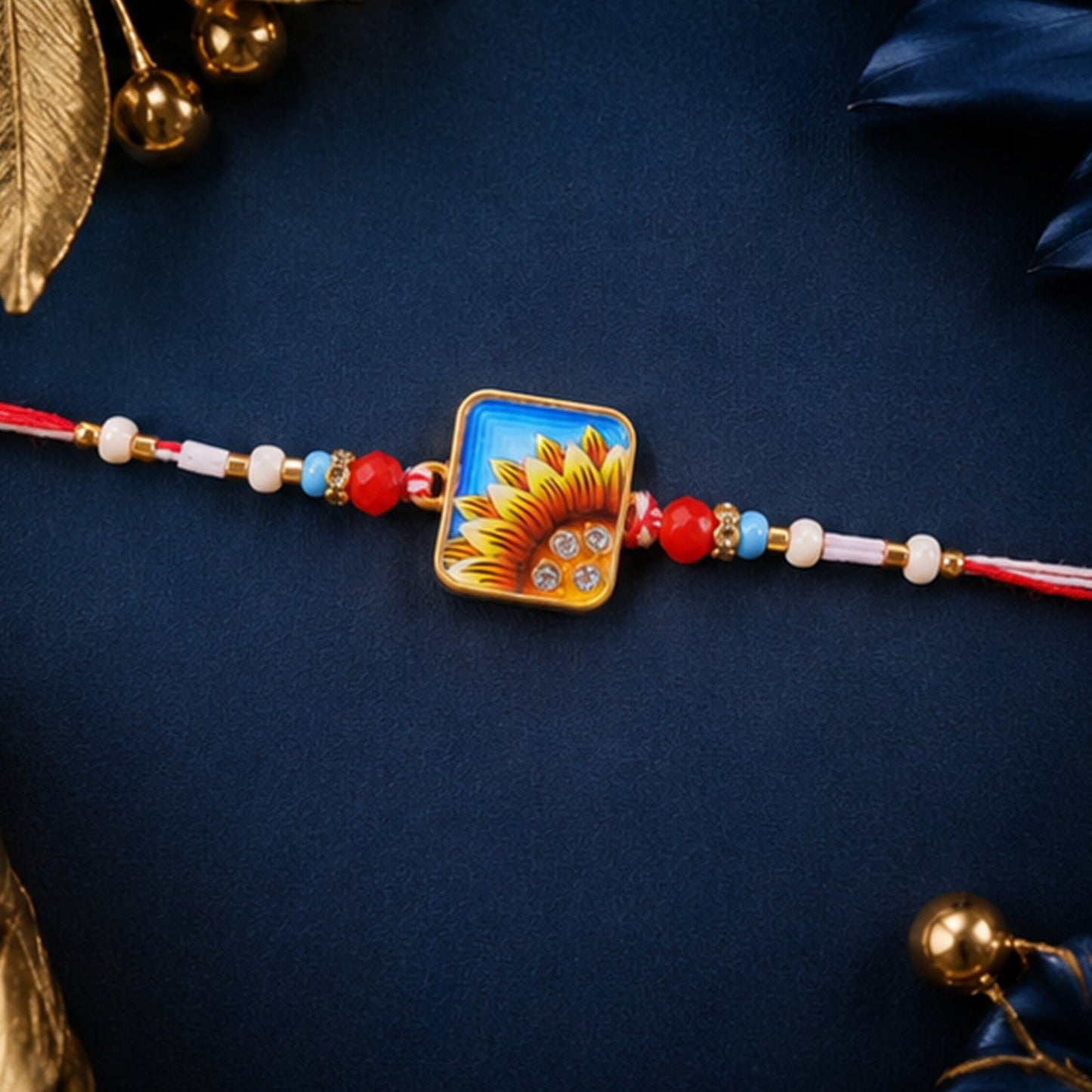 Square Sunflower Beads Rakhi for Brother Bhai Raksha Bandhan Festival Special Gift