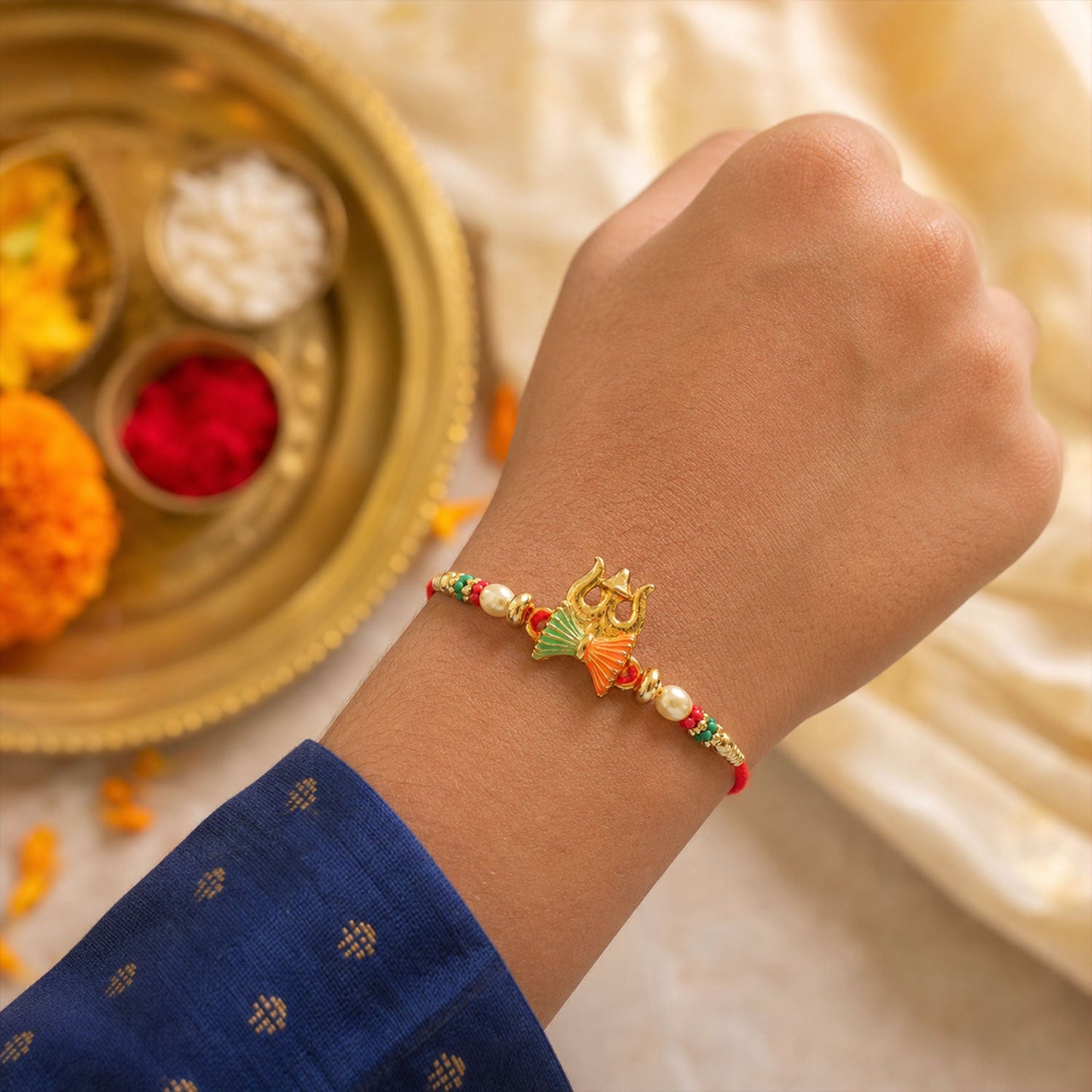 Trishul Damru Beaded Designer Premium Traditional Rakhi for Brother