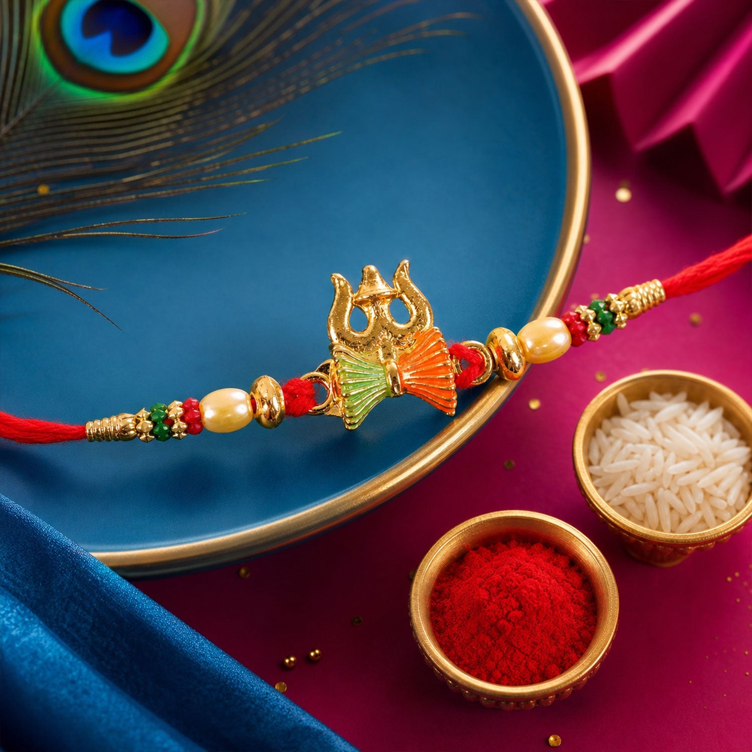Trishul Damru Beaded Designer Premium Traditional Rakhi for Brother