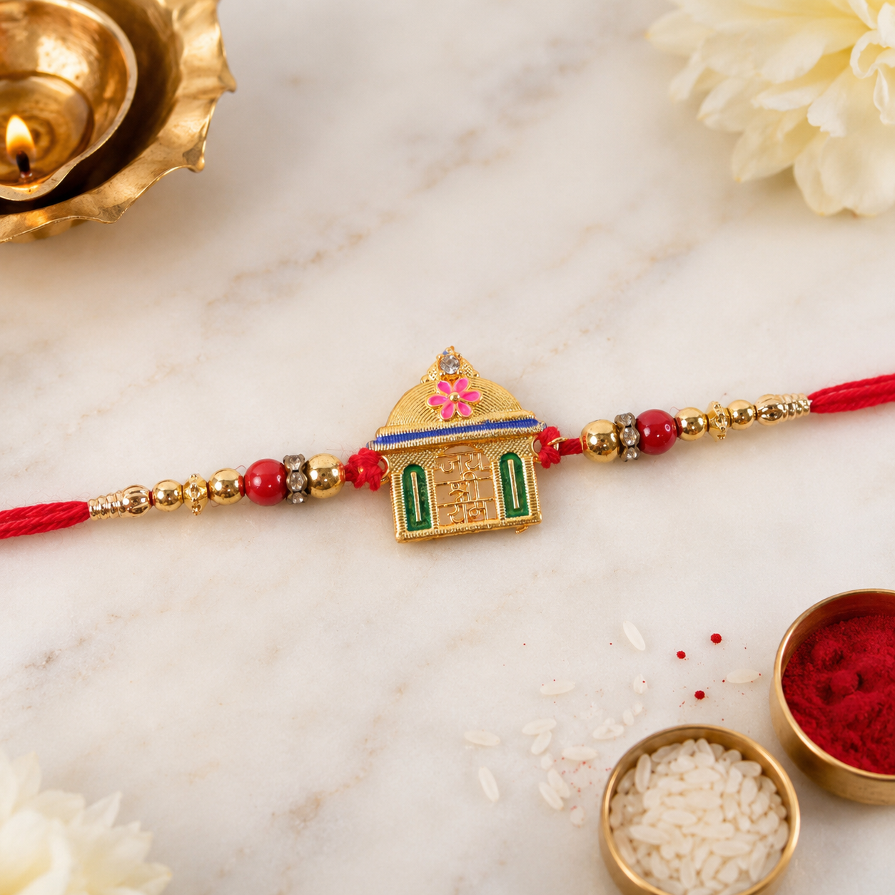 Jay Shree Ram Temple Motif Beaded Designer Premium Traditional Rakhi for Brother