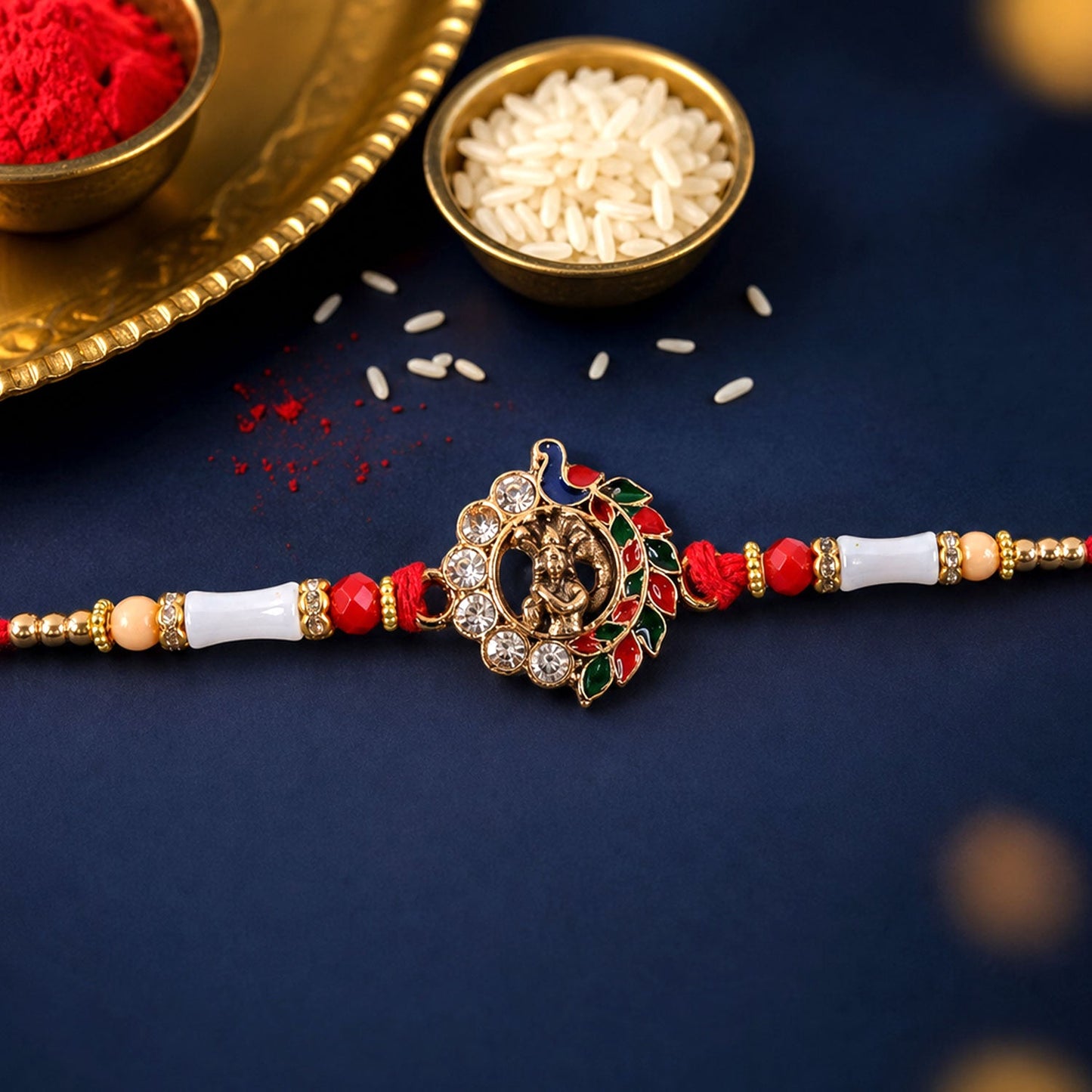 Divine Krishna Peacock Rakhi with Stones & Beads Rakhi for Brother