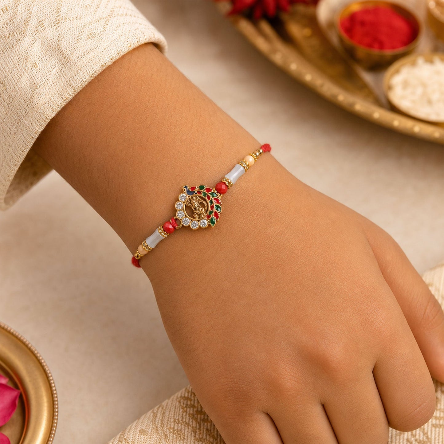 Divine Krishna Peacock Rakhi with Stones & Beads Rakhi for Brother