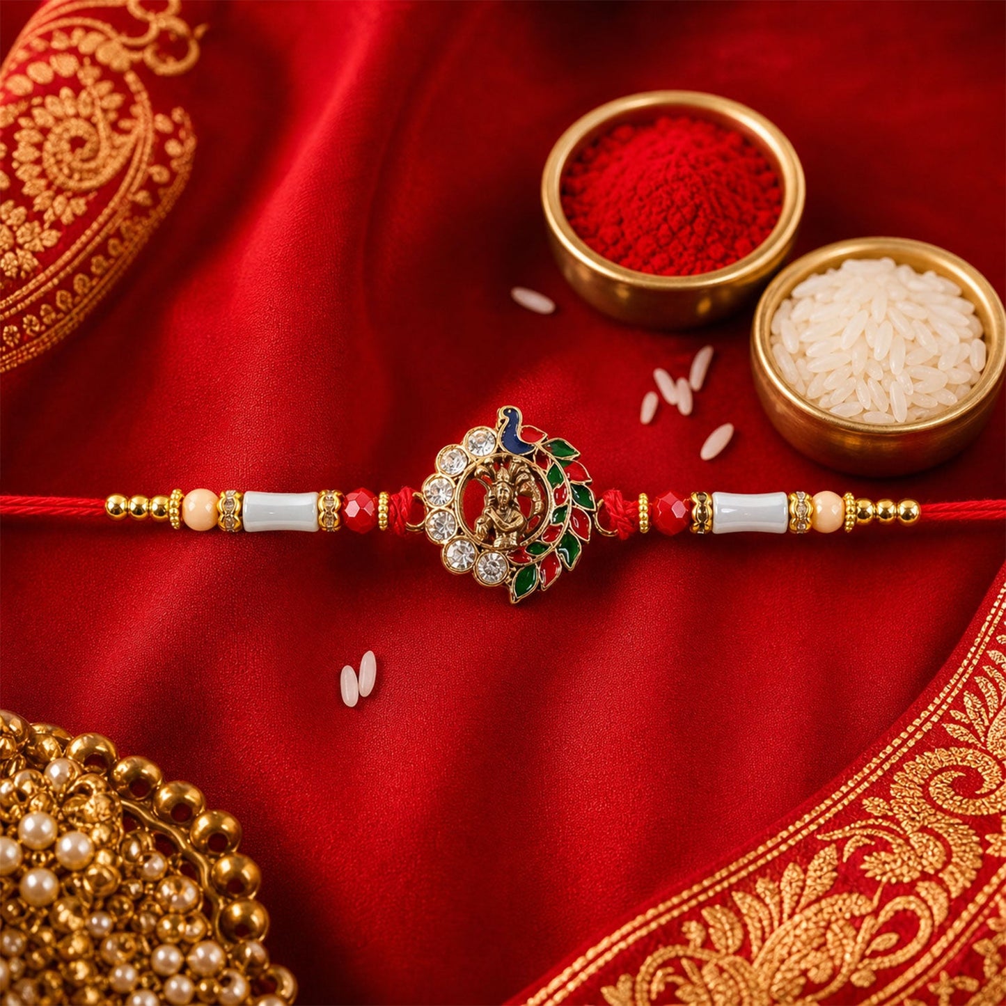 Divine Krishna Peacock Rakhi with Stones & Beads Rakhi for Brother
