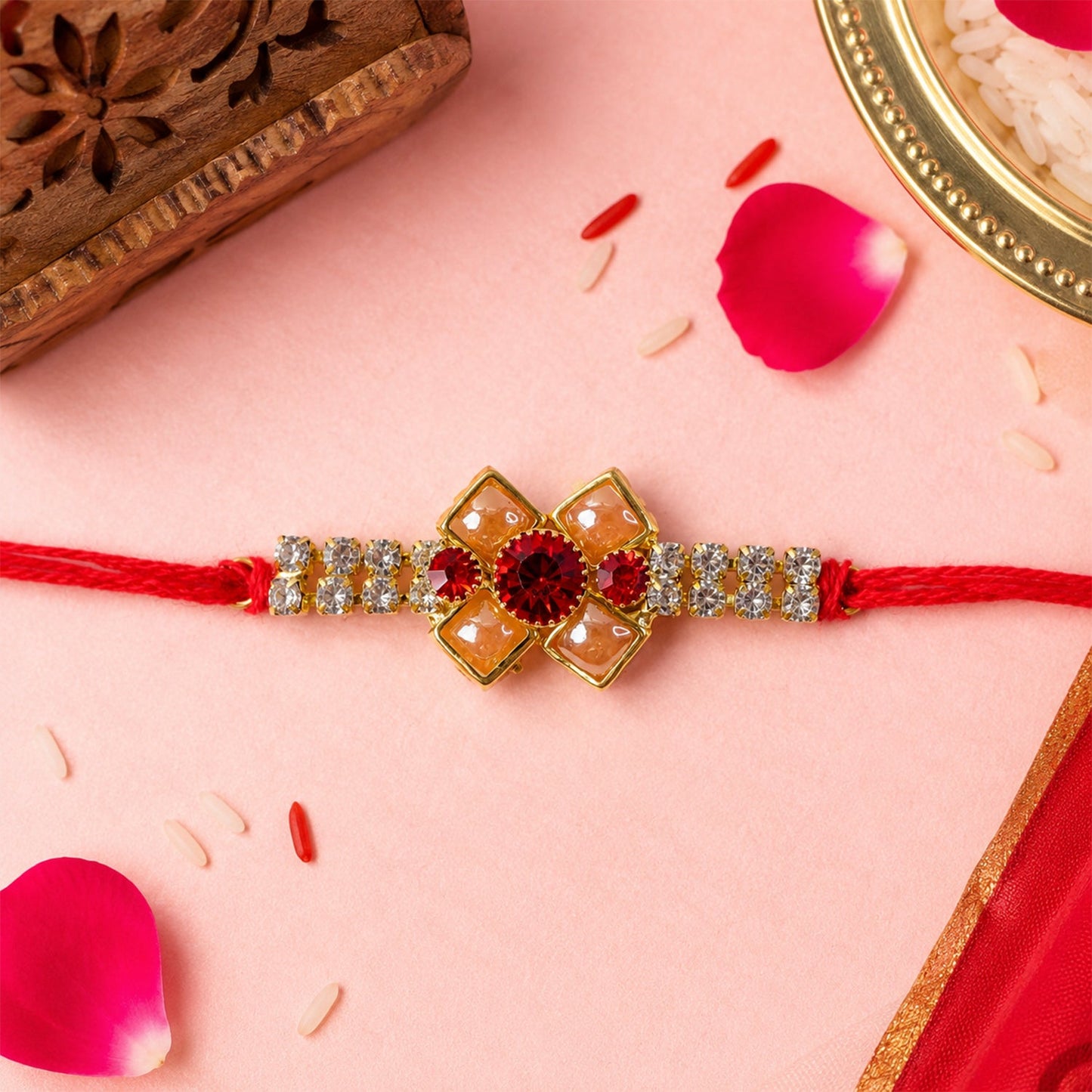 Red Floral Stone Bracelet Rakhi for Brother Bhai Raksha Bandhan Festival Special Gift