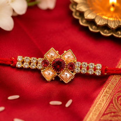 Red Floral Stone Bracelet Rakhi for Brother Bhai Raksha Bandhan Festival Special Gift