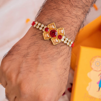 Red Floral Stone Bracelet Rakhi for Brother Bhai Raksha Bandhan Festival Special Gift