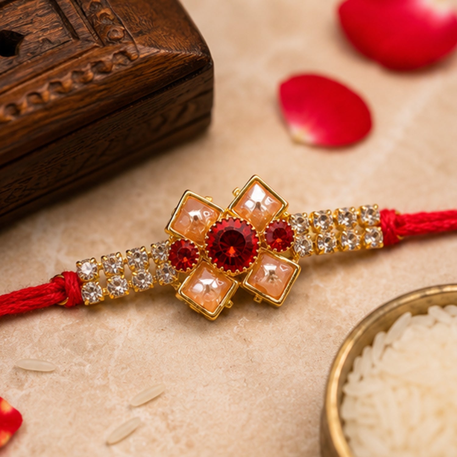 Red Floral Stone Bracelet Rakhi for Brother Bhai Raksha Bandhan Festival Special Gift
