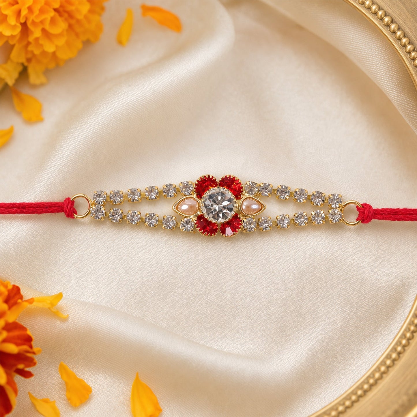 Red Flower Crystal Bracelet Rakhi for Brother Bhai Raksha Bandhan Festival Special Gift