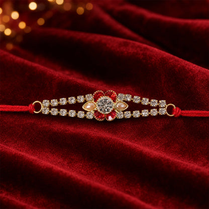 Red Flower Crystal Bracelet Rakhi for Brother Bhai Raksha Bandhan Festival Special Gift