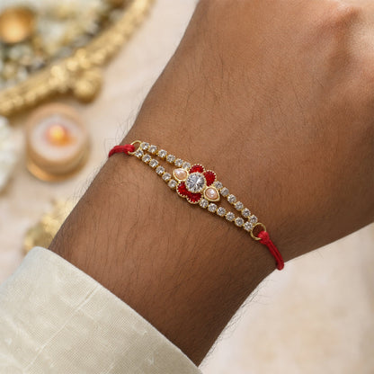 Red Flower Crystal Bracelet Rakhi for Brother Bhai Raksha Bandhan Festival Special Gift