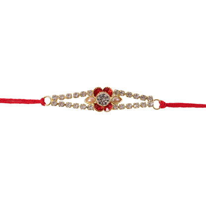 Red Flower Crystal Bracelet Rakhi for Brother Bhai Raksha Bandhan Festival Special Gift