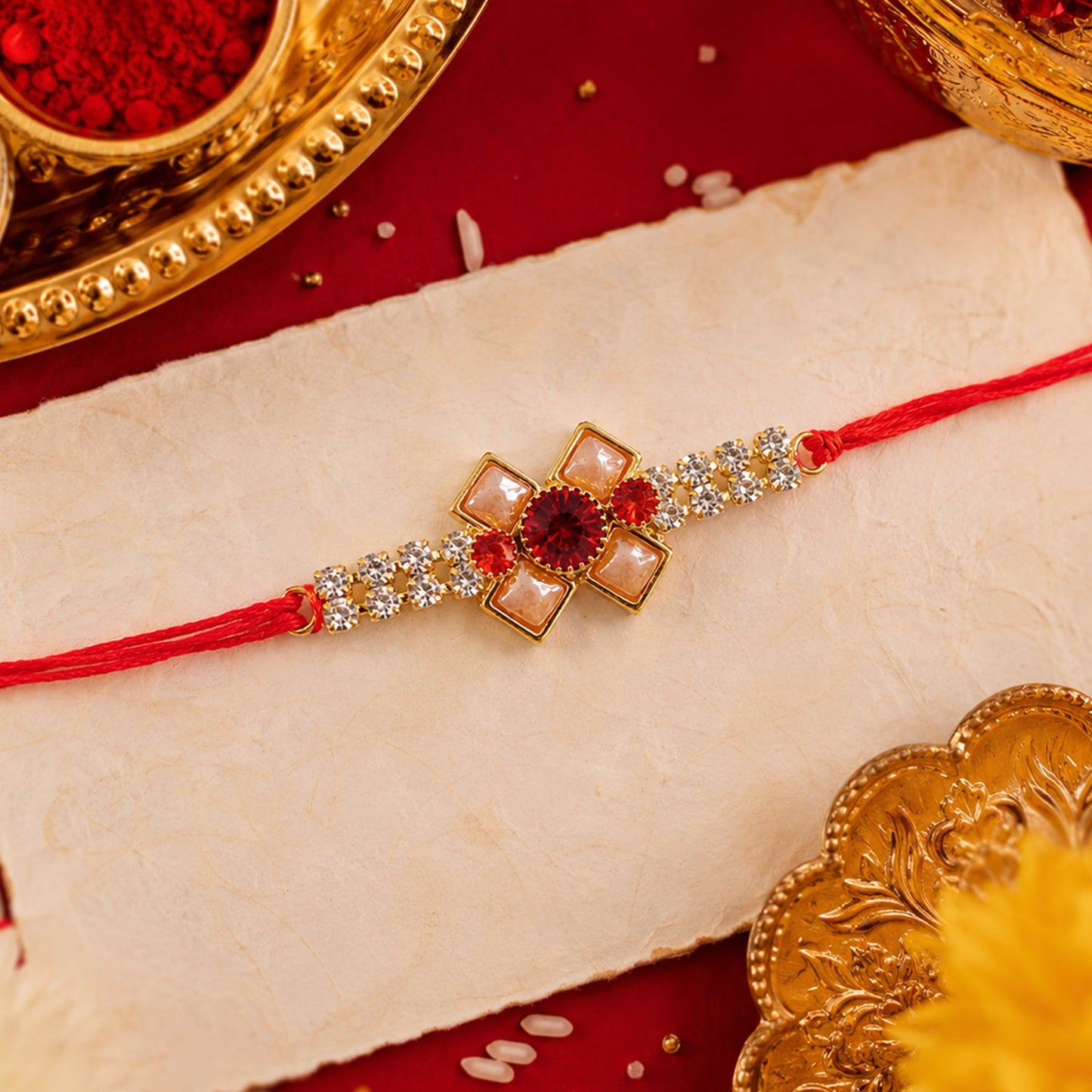 Ruby Flower Pearl Bracelet Rakhi for Brother Bhai Raksha Bandhan Festival Special Gift