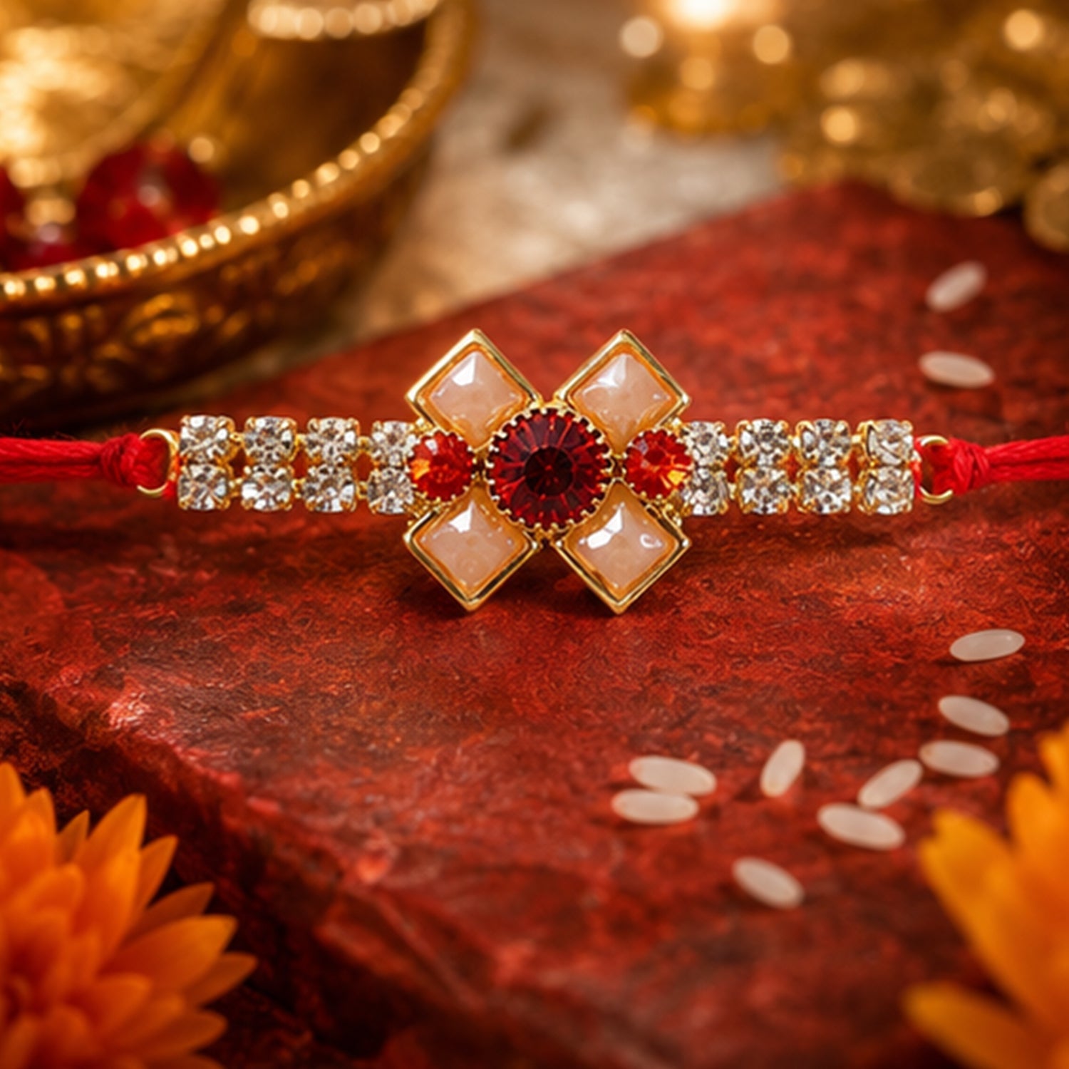 Ruby Flower Pearl Bracelet Rakhi for Brother Bhai Raksha Bandhan Festival Special Gift