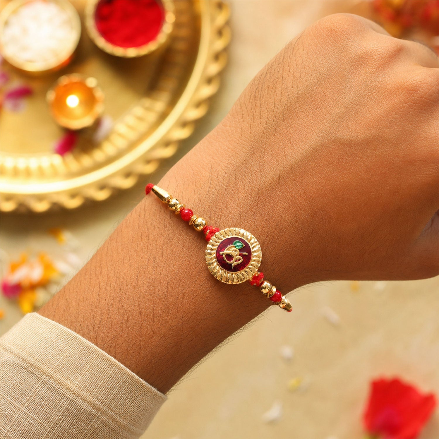 Divine Om Round Rakhi with Meenakari & Beads Rakhi for Brother