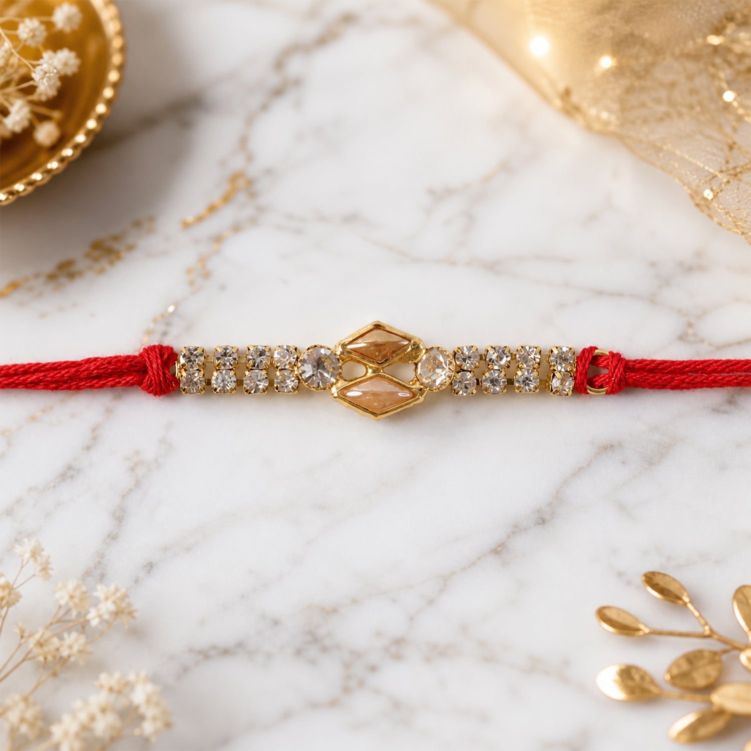 Golden Diamond Stone Bracelet Rakhi for Brother Bhai Raksha Bandhan Festival Gift