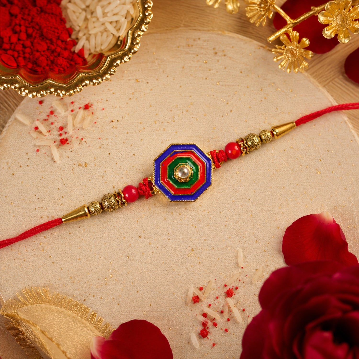 Octagon Meenakari Stone Rakhi for Brother Bhai Raksha Bandhan Festival Special Gift