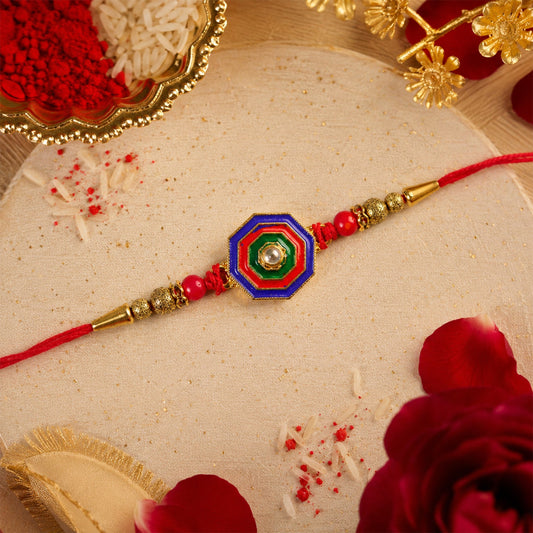 Octagon Meenakari Stone Rakhi for Brother Bhai Raksha Bandhan Festival Special Gift