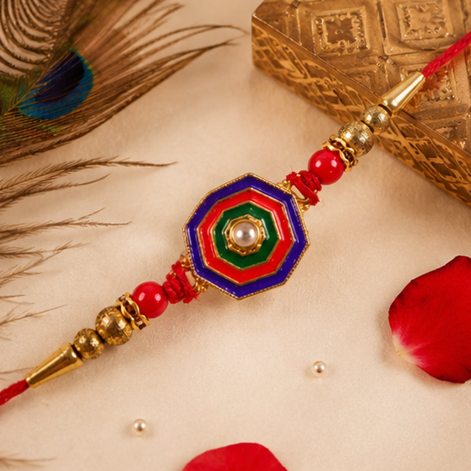 Octagon Meenakari Stone Rakhi for Brother Bhai Raksha Bandhan Festival Special Gift