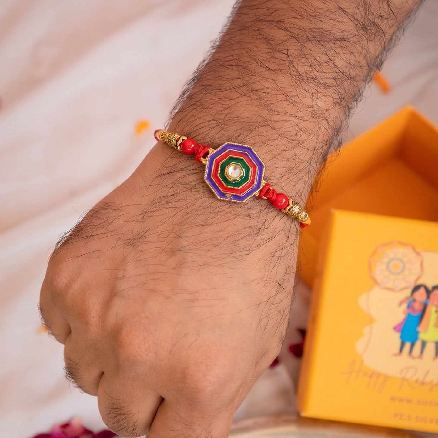 Octagon Meenakari Stone Rakhi for Brother Bhai Raksha Bandhan Festival Special Gift