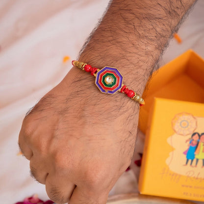 Octagon Meenakari Stone Rakhi for Brother Bhai Raksha Bandhan Festival Special Gift