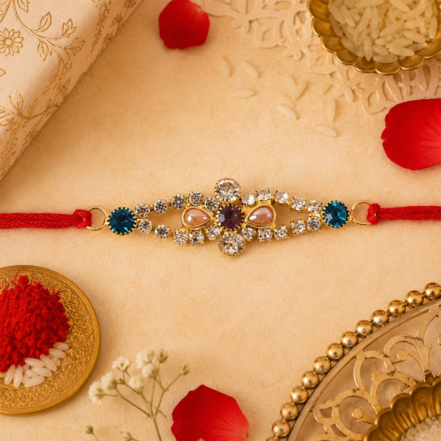 Crystal Flower Blue Stone Rakhi for Brother Bhai Raksha Bandhan Festival Special Gift