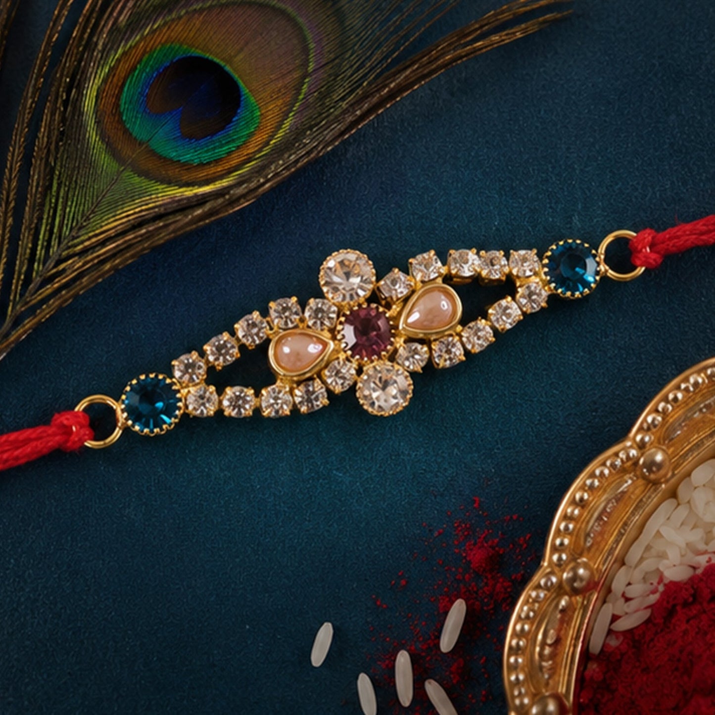 Crystal Flower Blue Stone Rakhi for Brother Bhai Raksha Bandhan Festival Special Gift