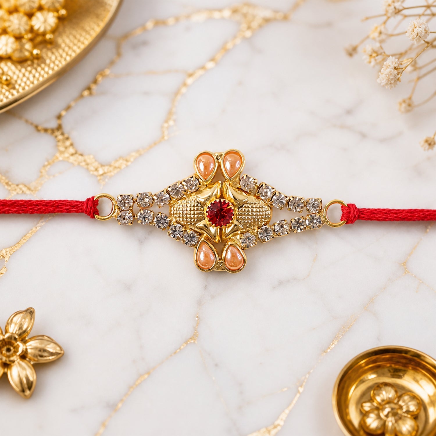Pearl Flower Red Stone Rakhi for Brother Bhai Raksha Bandhan Festival Special Gift