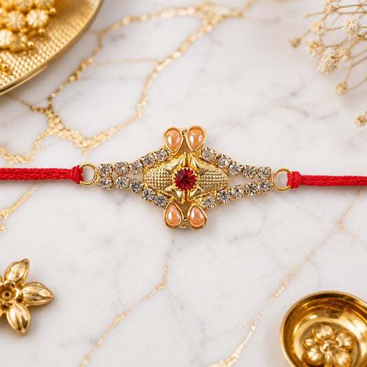Pearl Flower Red Stone Rakhi for Brother Bhai Raksha Bandhan Festival Special Gift