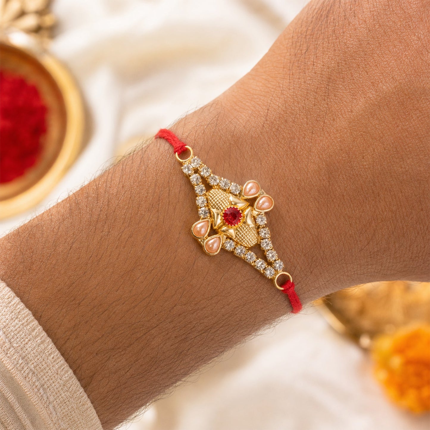 Pearl Flower Red Stone Rakhi for Brother Bhai Raksha Bandhan Festival Special Gift