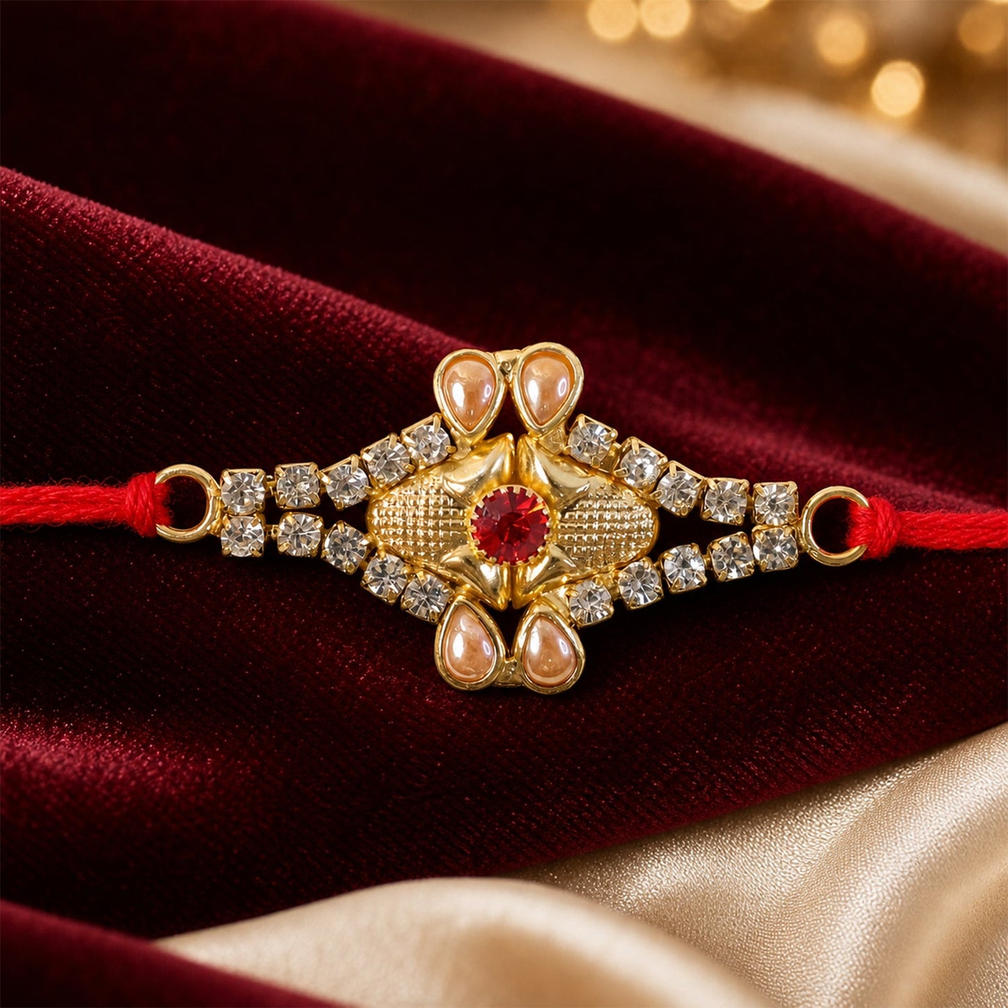 Pearl Flower Red Stone Rakhi for Brother Bhai Raksha Bandhan Festival Special Gift
