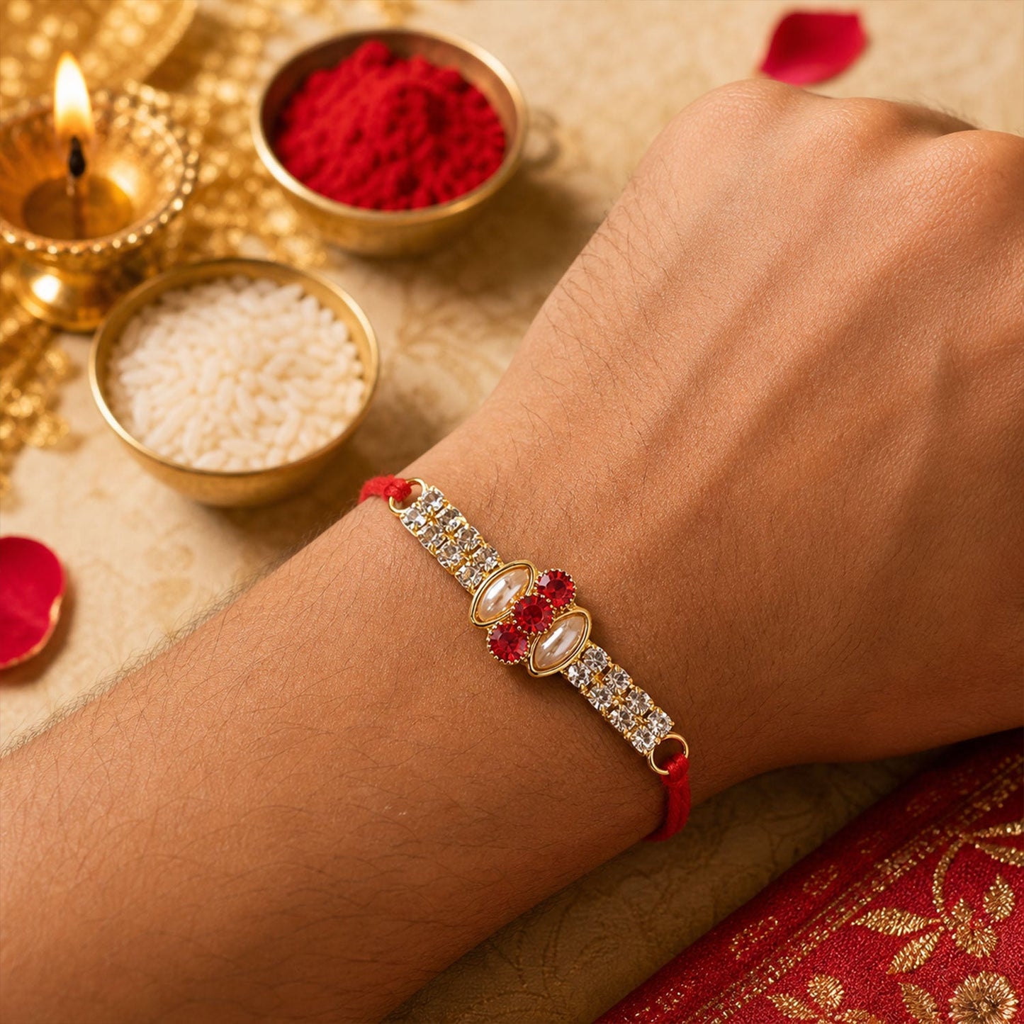 Oval Stone Studded Bar Premium Designer Traditional Rakhi for Brother