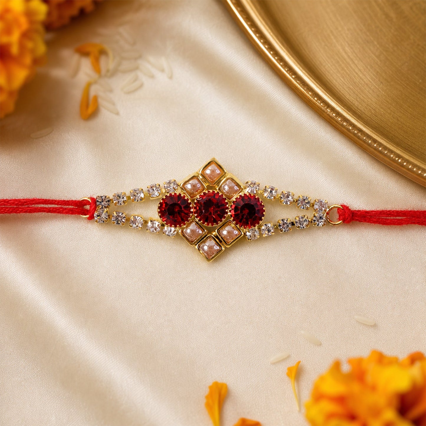 Ruby Floral Stone Bracelet Rakhi for Brother Bhai Raksha Bandhan Festival Special Gift