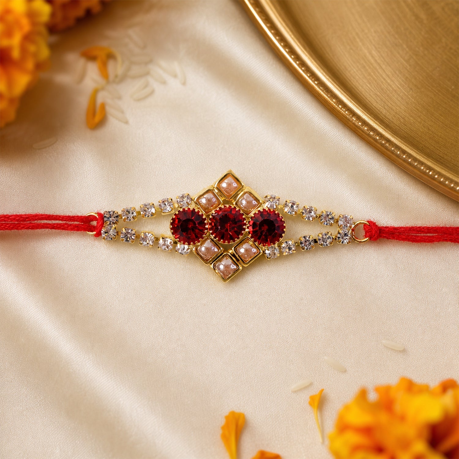 Ruby Floral Stone Bracelet Rakhi for Brother Bhai Raksha Bandhan Festival Special Gift
