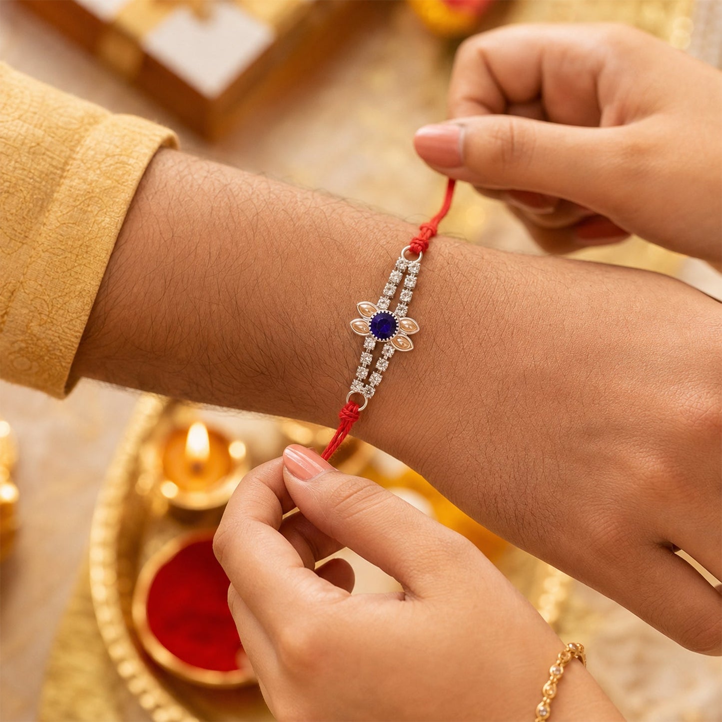 Blue Oval Stone Bracelet Rakhi for Brother Bhai Raksha Bandhan Festival Special Gift
