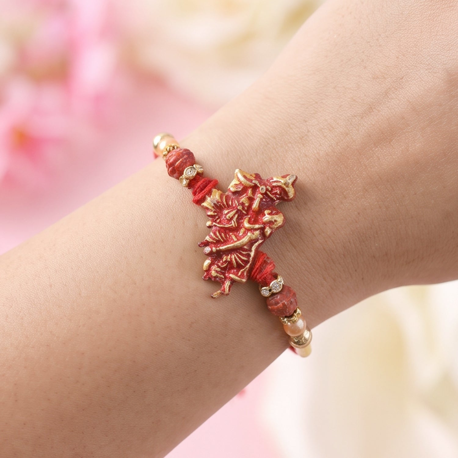 Ganesha Red Beads Charm Rakhi for Brother Bhai Raksha Bandhan Festival Special Gift