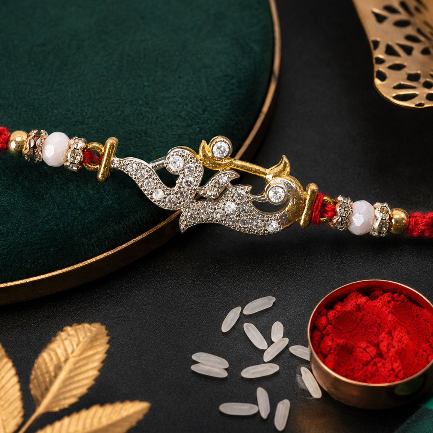 Religious Om Peacock Diamond Rakhi with Beadwork Rakhi for Brother