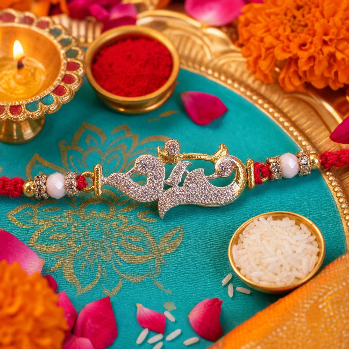 Religious Om Peacock Diamond Rakhi with Beadwork Rakhi for Brother