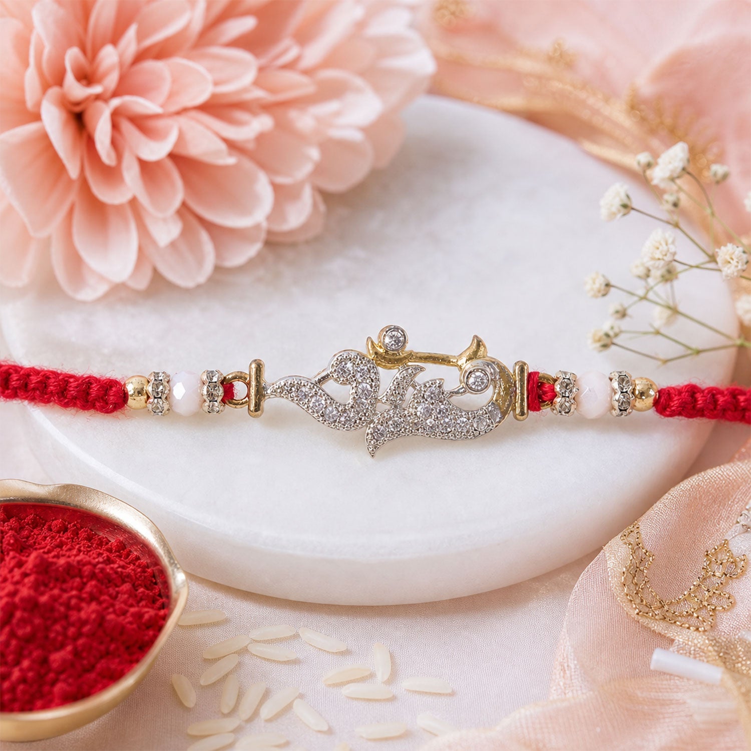 Religious Om Peacock Diamond Rakhi with Beadwork Rakhi for Brother
