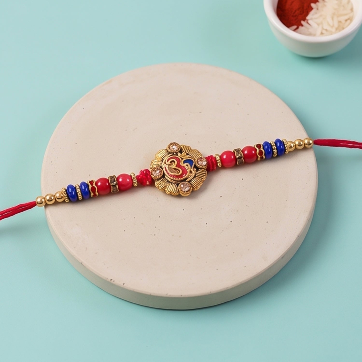 Om Red Blue Beads Charm Rakhi for Brother Bhai Raksha Bandhan Festival Special Gift