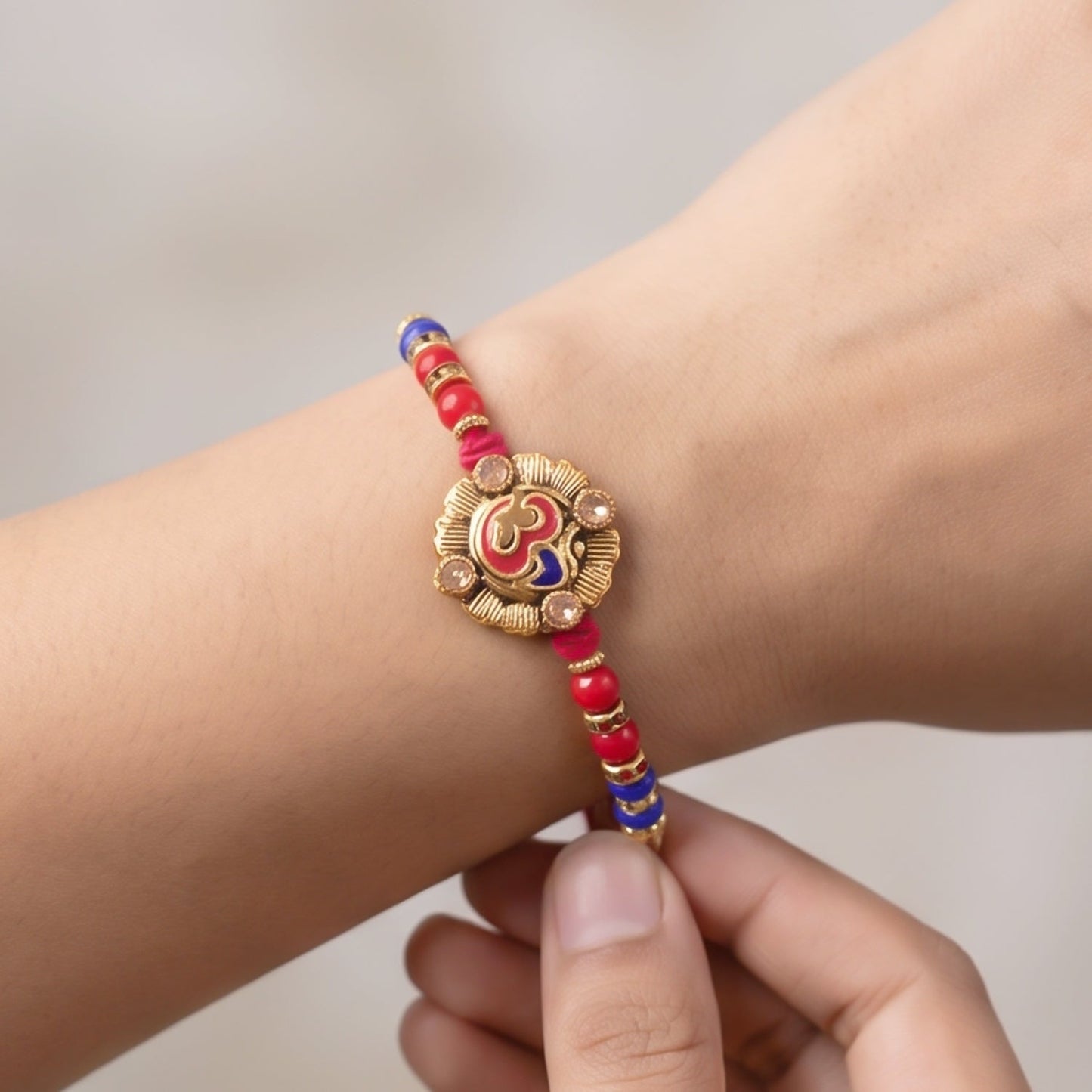 Om Red Blue Beads Charm Rakhi for Brother Bhai Raksha Bandhan Festival Special Gift