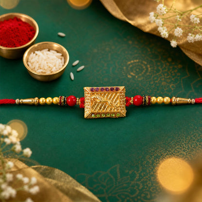 Traditional Golden Rectangle Rakhi with Stone Detail Rakhi for Brother