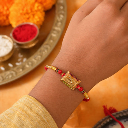 Traditional Golden Rectangle Rakhi with Stone Detail Rakhi for Brother
