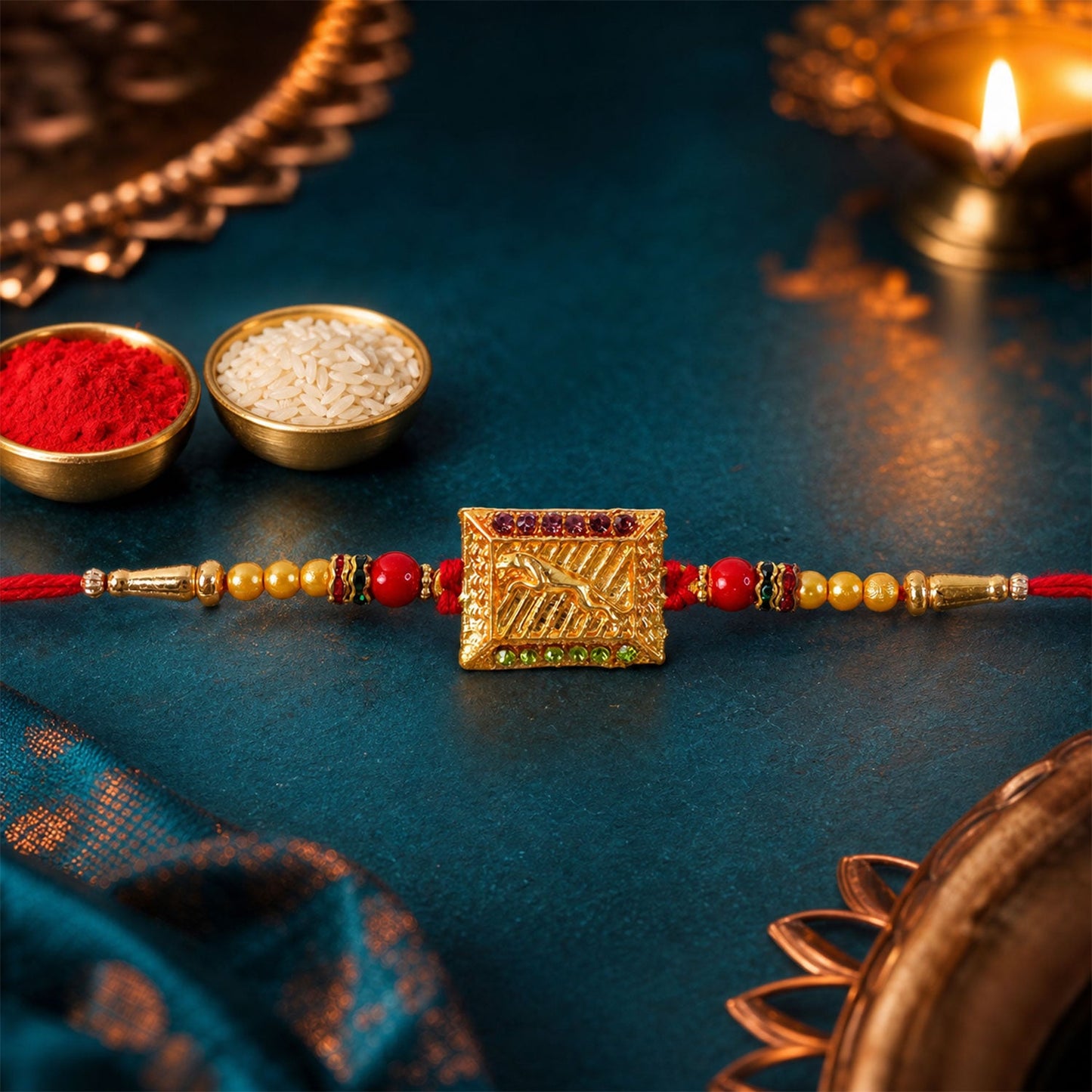 Traditional Golden Rectangle Rakhi with Stone Detail Rakhi for Brother