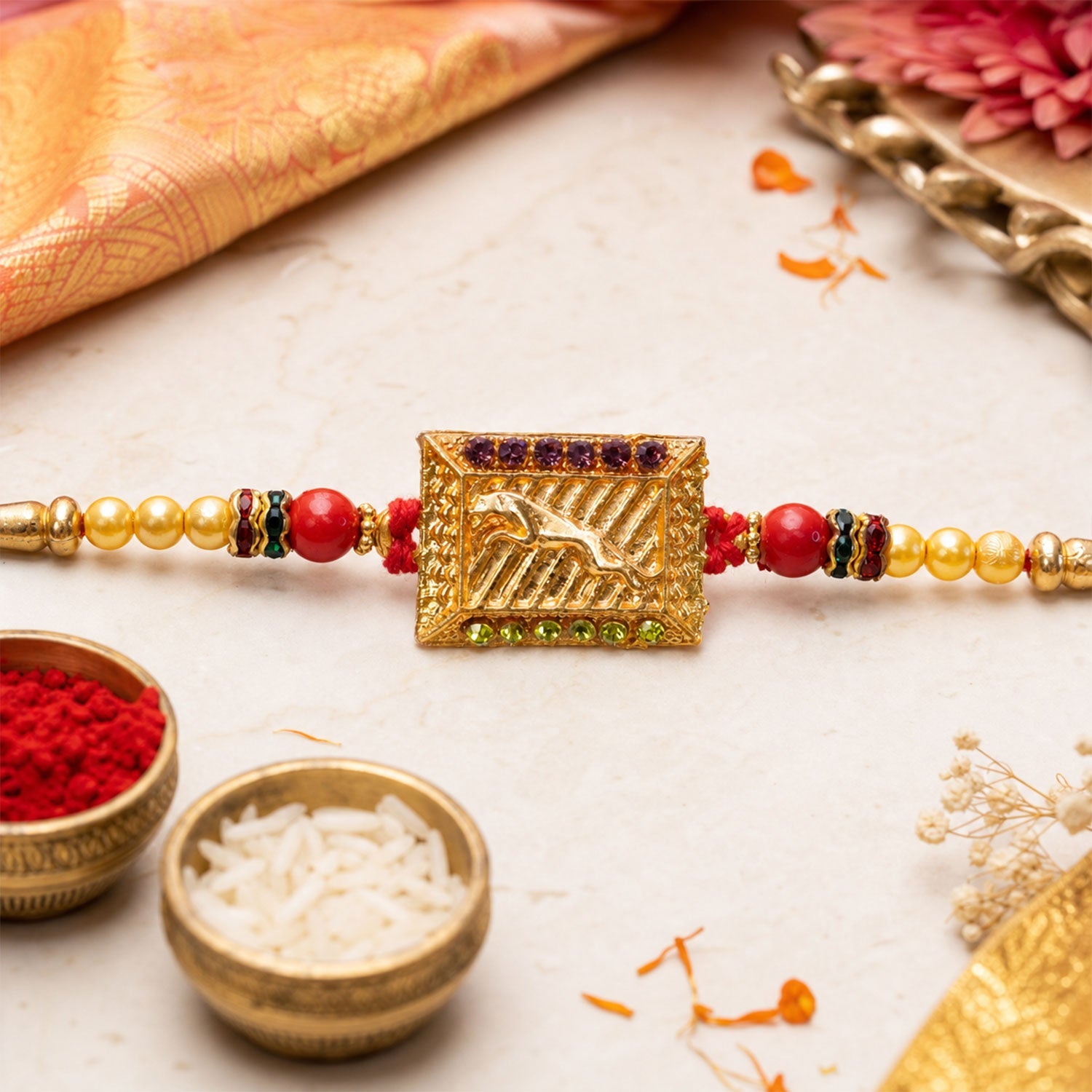 Traditional Golden Rectangle Rakhi with Stone Detail Rakhi for Brother