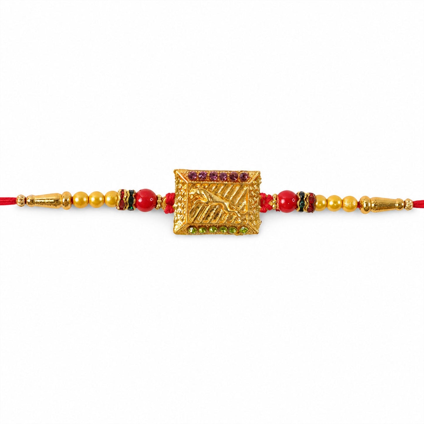 Traditional Golden Rectangle Rakhi with Stone Detail Rakhi for Brother