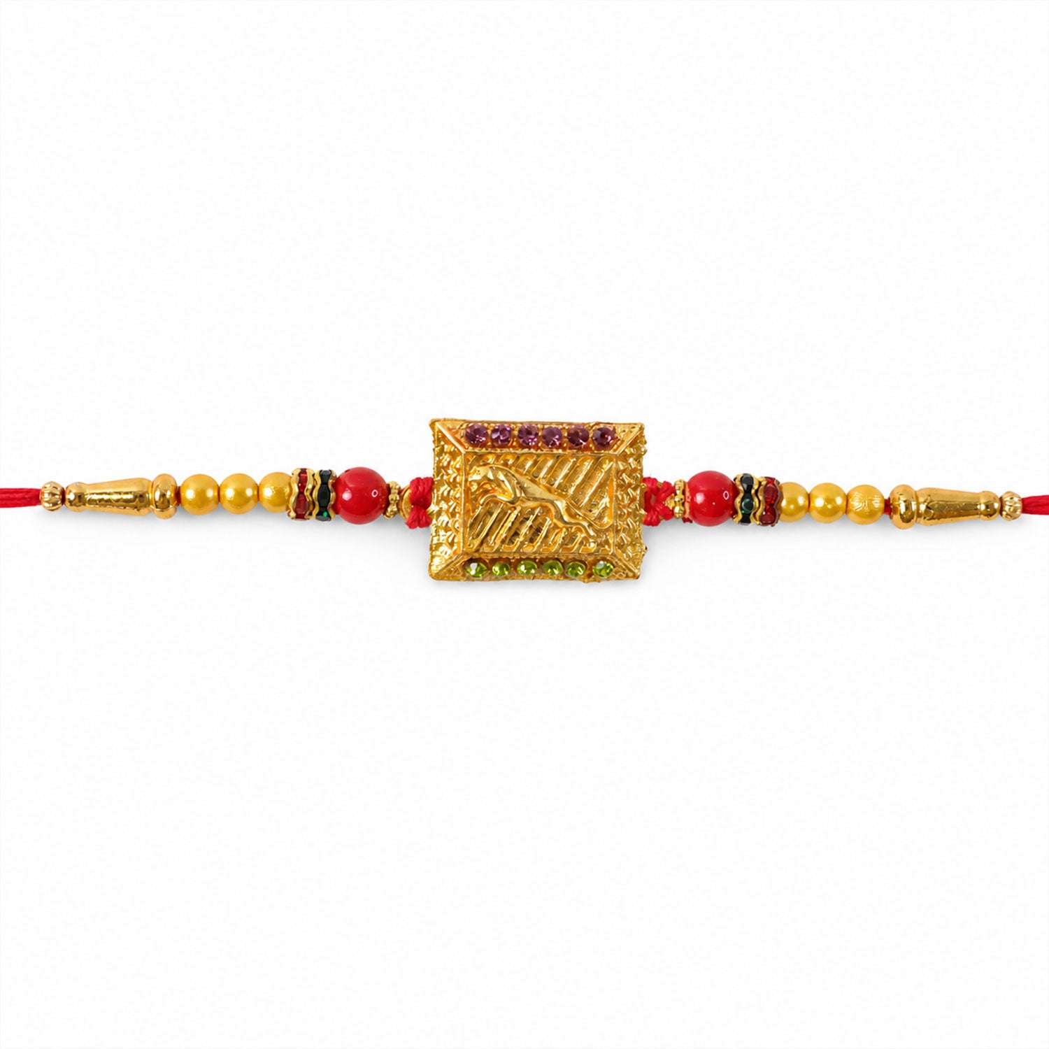 Traditional Golden Rectangle Rakhi with Stone Detail Rakhi for Brother