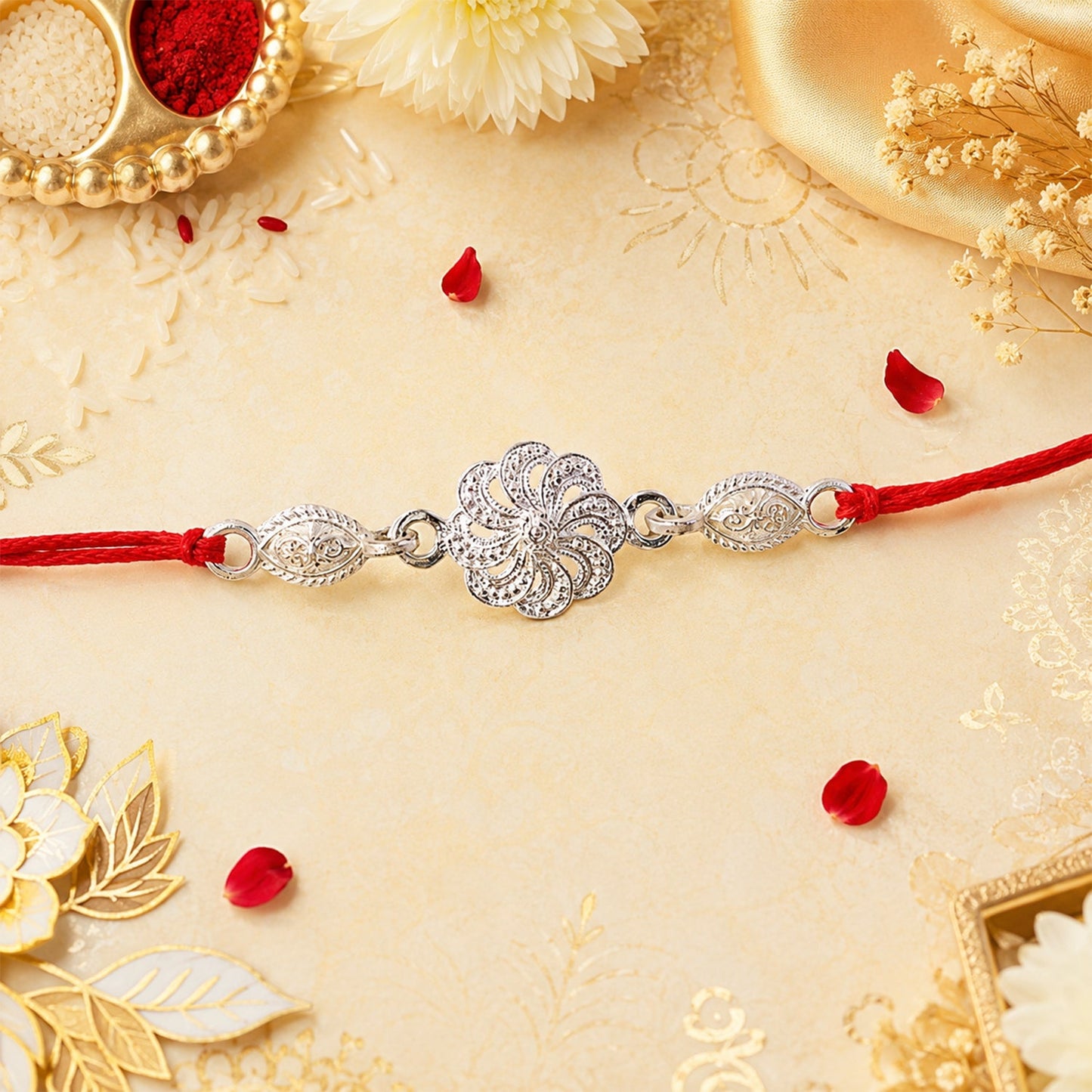 Silver Floral Chain Design Rakhi for Brother Bhai Raksha Bandhan Festival Special Gift